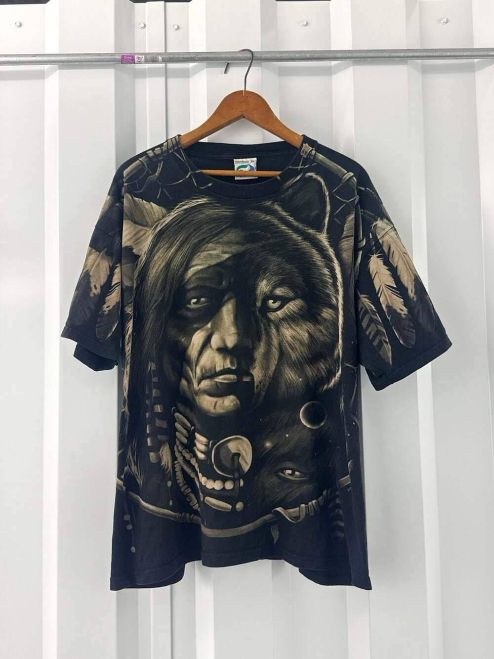 Vintage Liquid Blue Shirt Size XL Native American Wolf Dreamcatcher AOP 1996 USA